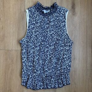 White Birch Navy and White Floral Smocked Sleeveless Top